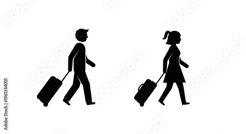 Silhouettes of a man and woman walking with rolling luggage