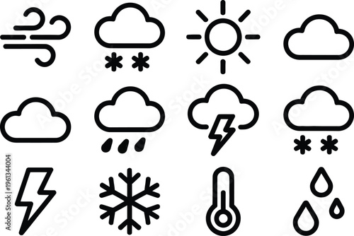 Collection of icons representing various weather conditions and phenomena