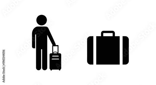 Simple black pictogram of a person with rolling luggage