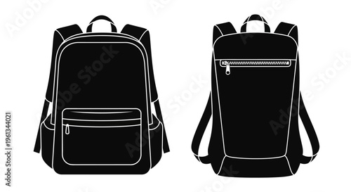 Black and white line drawing of a modern backpack front and back views