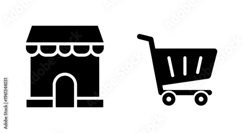 Simple black icons depicting a store and a shopping cart