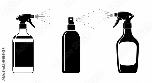 Three spray bottles in varying states of discharge depicted in monochrome