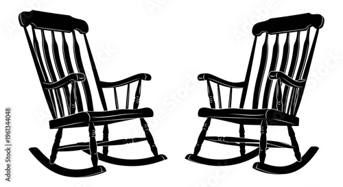 Two black rocking chairs facing each other in a simple illustration