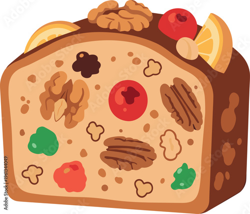 A cartoon illustration of a fruitcake with nuts and dried fruits