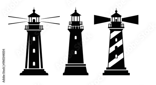 Three black and white lighthouse silhouettes in a row