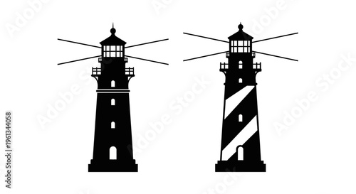 Two black and white illustrations depicting coastal lighthouses standing tall