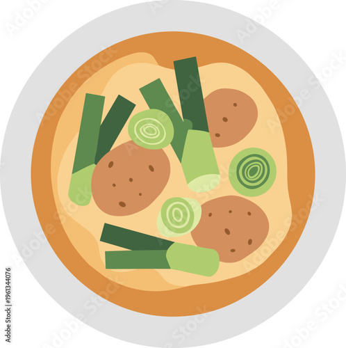 A bowl of soup with meat and green onions in a cartoon style