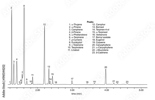Chromatogram of rosemary oil, thujene, pinene, camphene, phellandrene