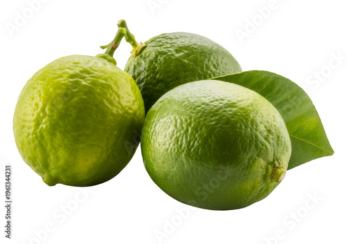 Three green limes with leaves fruit citrus isolated on a transparent background