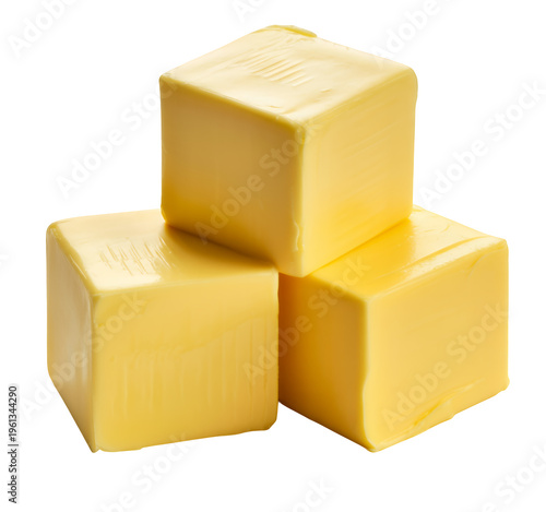 Three cubes of butter stacked yellow smooth isolated on a transparent background