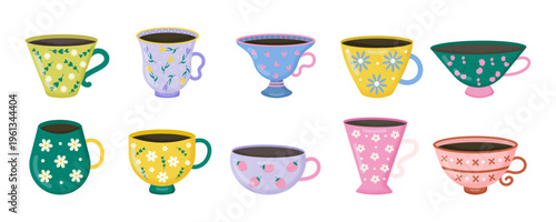 Vibrant set of coffee and tea cups with floral patterns. Colourful mugs with flowers, hearts and berries. Decorative elements for kitchen decorations, beverage illustrations, cafe posters. Vector