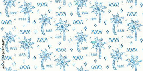 Seamless pattern with blue hand-drawn tropical coconut palms in doodle style on white background. Tropical beach ornament.Botanical elements. Floral decoration. Monochrome design.Vector illustration. 