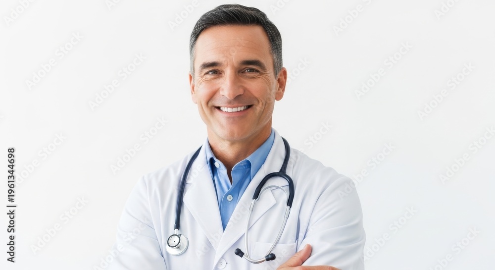 Fototapeta premium Confident male doctor smiling in clinic with stethoscope and professional attire