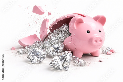 Broken Pink Piggy Bank Spilling Diamonds on White Background 3D Render