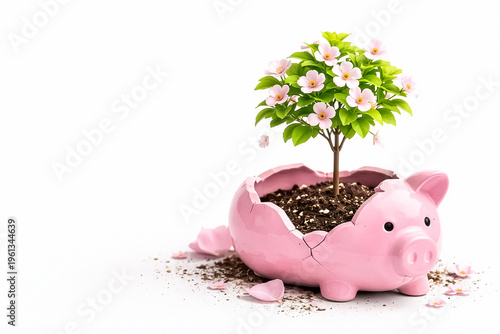 Broken Pink Piggy Bank with Flowering Tree Growing from Soil on White Background