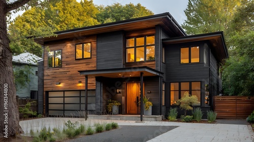 Cozy modern minimalist suburban house with dark exterior palette wood highlights ambient morning light calm residential setting sharp focus