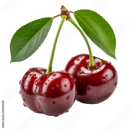 Two red cherries with green leaves and water droplets fruit isolated on a transparent background