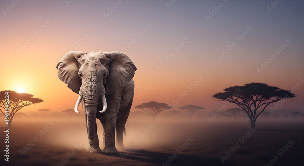 Fototapeta premium Majestic African elephant walking through savanna at sunset, wild bull elephant with tusks in dusty landscape, golden hour safari wildlife scene