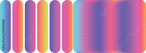 Vibrant holographic gradient bar set, colorful neon rounded vertical stripes with soft mesh textures, modern iridescent abstract geometric elements for web design and digital branding