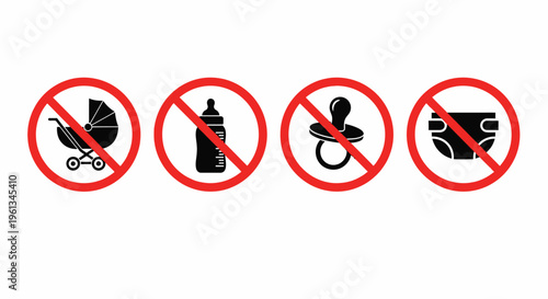 Forbidden Baby Products Stroller Bottle Pacifier Diaper Icons Isolated on White Background Vector Illustration