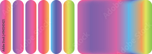 Vibrant holographic gradient bar set, colorful neon rounded rectangle elements for UI design, abstract iridescent mesh gradient shapes, modern aesthetic vector palette for web apps
