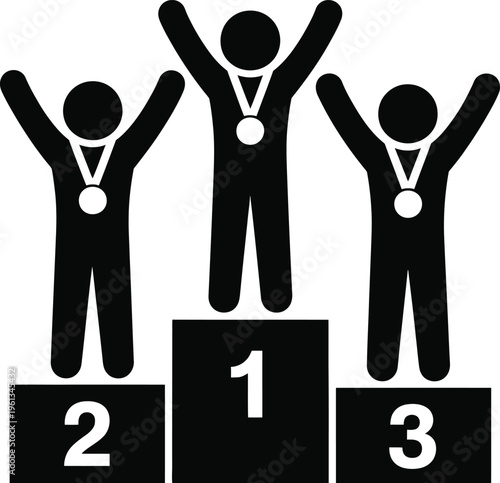 Three figures celebrating with medals on podiums numbered one, two, and three.