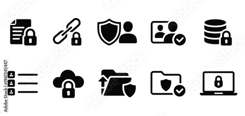Black icons representing data security, privacy, and digital protection, featuring padlocks, shields, secure cloud