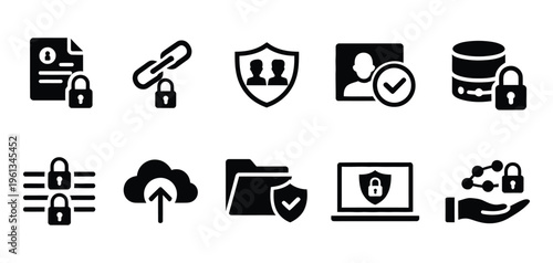 Black icons representing data security, privacy, and digital protection, including shields, locks, keys, passwords, encrypted files, firewalls