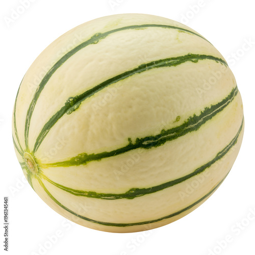 Whole white melon with green stripes and stem fruit food isolated on a transparent background