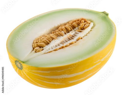 Yellow melon half with seeds from side view white flesh green rind isolated on a transparent background