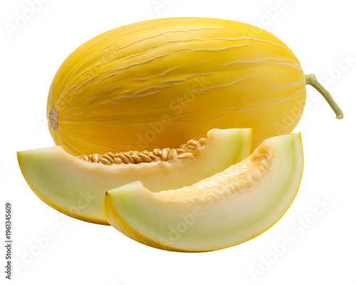 Yellow melon with two slices cut out from side melon slices cut melon fruit isolated on a transparent background