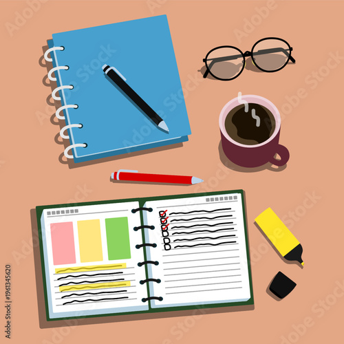 Top view study and productivity workspace with notebook, checklist planner, coffee and stationery