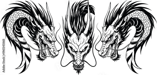 Black and white of three dragon heads dragons tattoo black and white mythical creature