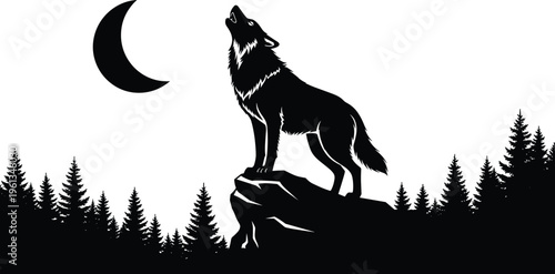 Black silhouette of a wolf howling at a crescent moon on a rock surrounded by pine trees