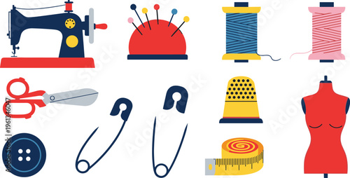Sewing and Tailoring Tools Set with Machine Thread Scissors Pins Needle Mannequin and Craft Supplies Vector Illustration