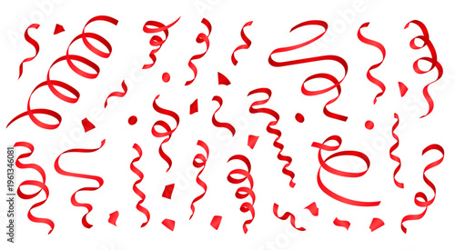 Collection of realistic 3d vibrant red party streamers, coil ribbon serpentine isolated on transparent background. Falling glossy spiral curled tinsel, vector festive confetti or silk ribbons