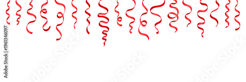 Red hanging curling ribbons and party streamers border. Isolated shiny vector serpentine frame overlay for festive birthday, Valentine's day, Christmas or celebration banner design.