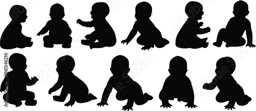 Black silhouettes of babies sitting and crawling on white background baby