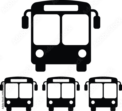 Black and white illustration of a large bus and three smaller buses lined up below it