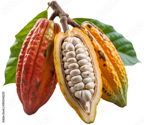 Cacao pods with green leaves and white beans visible cocoa isolated on a transparent background