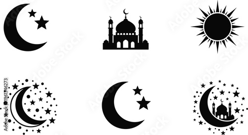 Black silhouettes of mosque sun moon and stars on white background