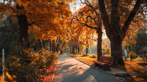 Autumn Park Landscape with Golden Trees and Wooden Bench along a Scenic Sunlit Path