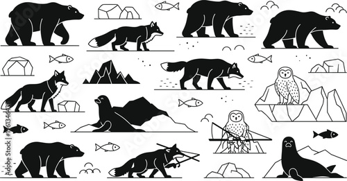 Arctic Wildlife Icon Set Featuring Polar Bear Fox Owl Seal and Ice Landscape Silhouette Collection for Nature Animal Education and Winter Design