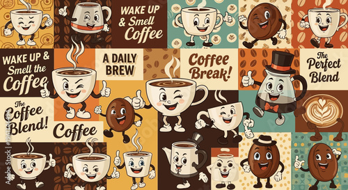 A colorful patchwork of coffee themed tiles.