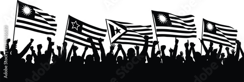 Black silhouettes of people holding Puerto Rican flags Puerto Rico protest