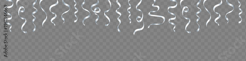 Silver vector party streamers hanging from top edge as a frame. Realistic 3D curled shiny ribbons border isolated on transparent background for birthday, wedding, New Year, festive celebration banner