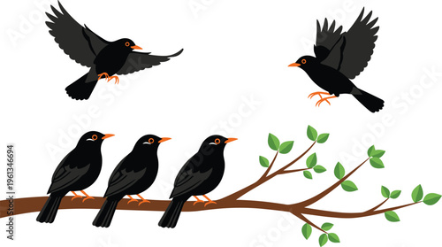 Blackbirds on a tree branch with two flying leaves flying birds