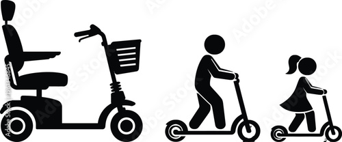 Diverse group using various forms of mobility scooters and electric bikes