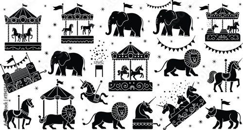 Circus Animal Icon Set Featuring Elephant Lion Horse Carousel and Carnival Elements Silhouette Collection for Kids Entertainment Festival and Vintage Fair Design