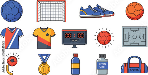 Soccer Game Equipment Set with Balls Net Shoes Jerseys Goalkeeper Gear Timer Medal and Sports Bag Vector Illustration